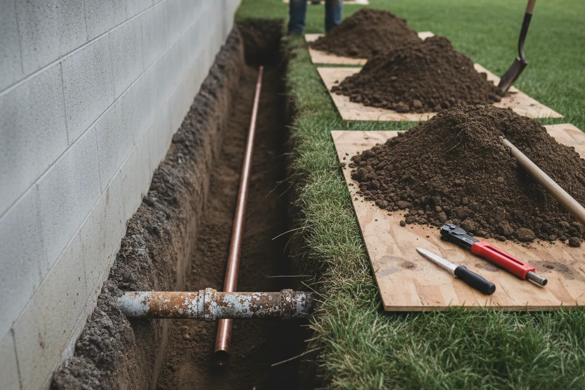 Excavated water line trench during Sewer Line Repair in Trimble
